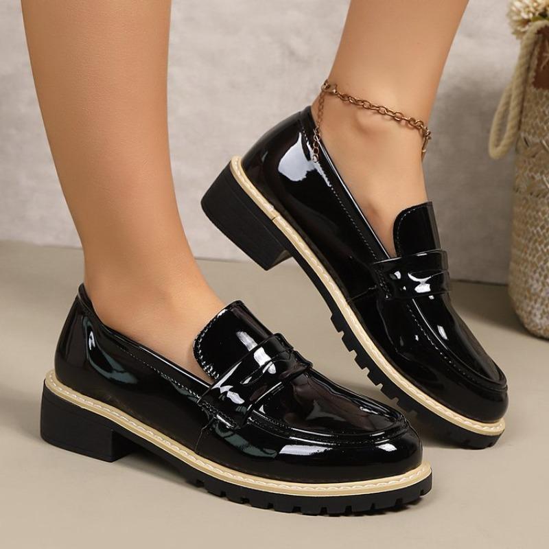 Damskie mokasyny ze skóry lakierowanej na bloku, rozmiary plus size, nowe jesienne skórzane buty w stylu brytyjskim