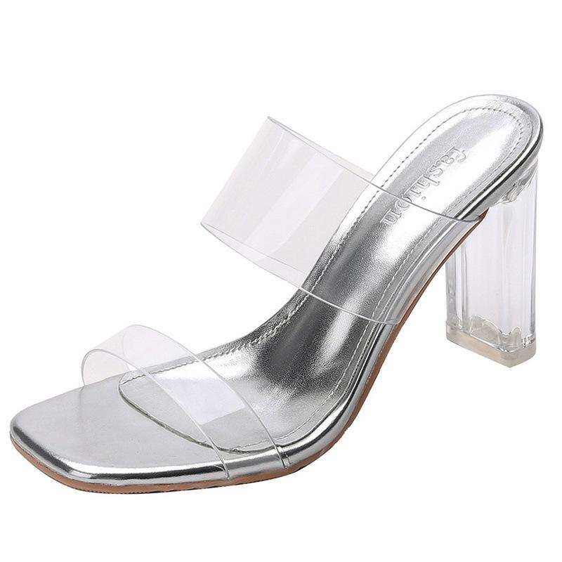 High Heels Sandals Women's Summer New Fashion Transparent Middle Heel Crystal Shoes Fashion Thick Heel Outer Slippers