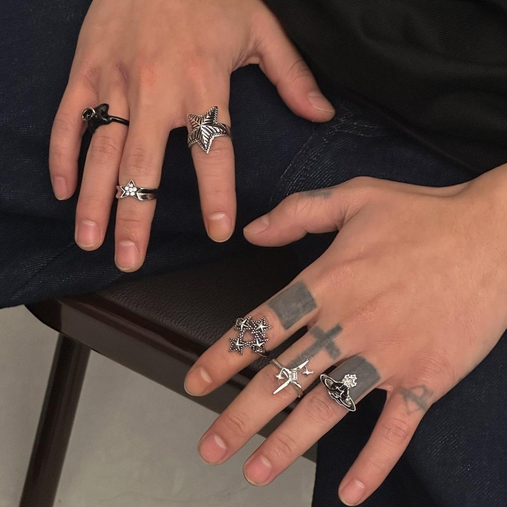 Vintage Five-Pointed Star Ring for Men High-End Hip-Hop Personality Dark Style Ring Set Men's Jewelry