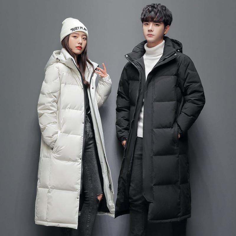 Direct batch of winter men's down jackets couple long thickened warm hooded simple and fashionable green tide jacket