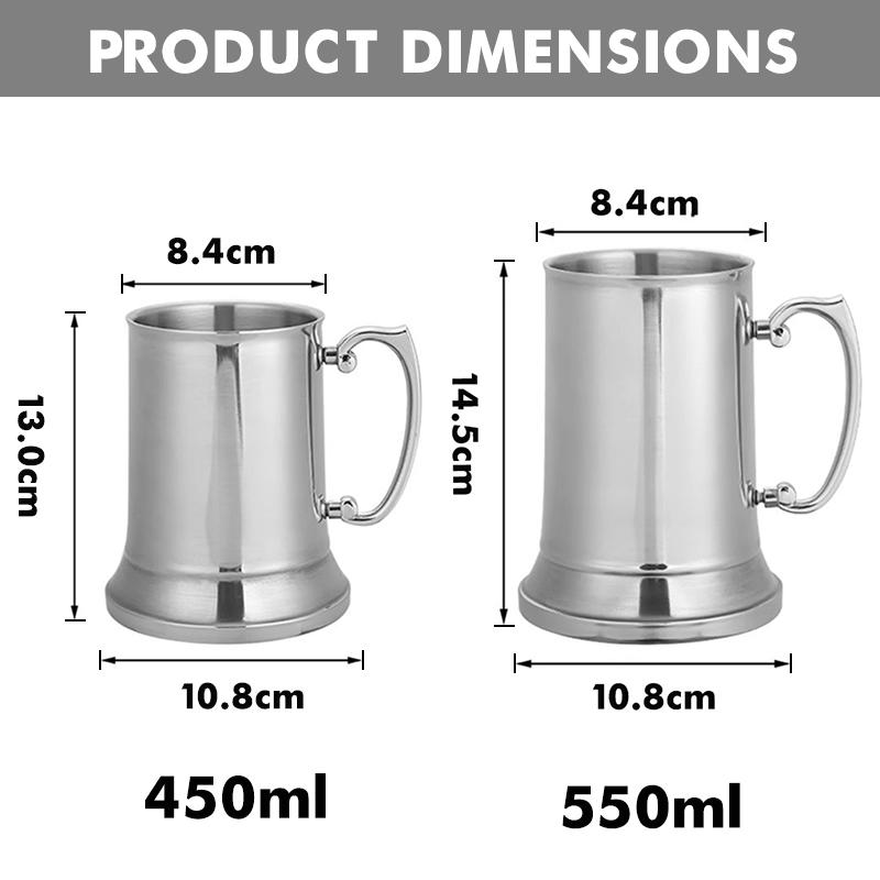 450/560ML 304 Stainless Steel Beer Mugs, Double Walled Milk Coffee Stein Tankard Tumblers with Grip Handle for Hot Cold Beverage