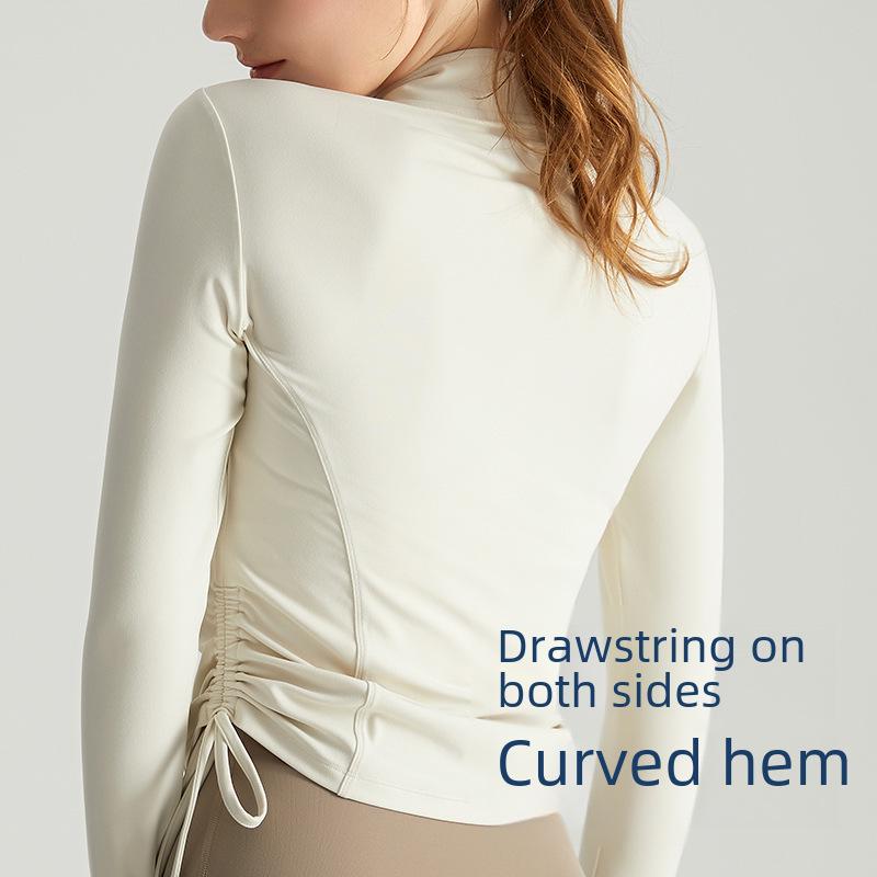 Chuandun Top da Yoga Slim a Maniche Lunghe da Donna Autunno Inverno con Collo Alto Mezza Zip e Pieghe Coulisse
