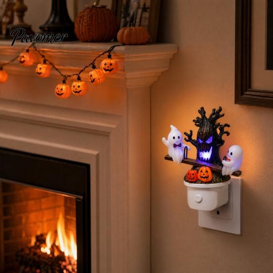 Spooky Tree And Pumpkin Decor Animated Seesaw Ghosts Night Light, Halloween Plug-in Lamp with Decorative Light Moving Figurines, Glowing for