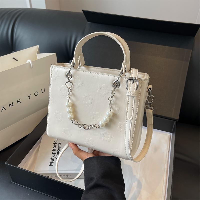 Women's Bag  New French Fairy Style Handbag Fashionable Pearl Beaded Small Print One Shoulder Crossbody Bag Trend