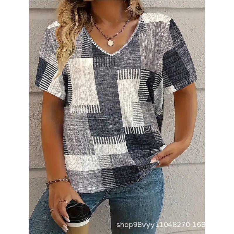 Women V Neck Geometric Patchwork Print Short Sleeve Casual Loose Summer T Shirt Tops
