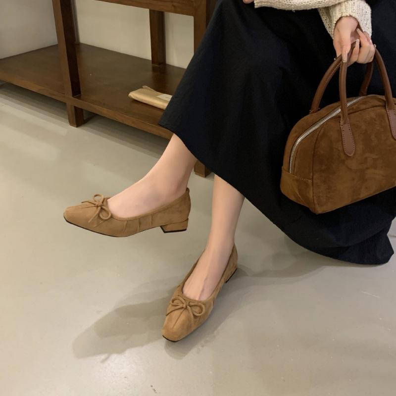 

French evening breeze gentle shoes versatile one-pedal shallow mouth small square head wedge bow commuter suede single shoes women 39