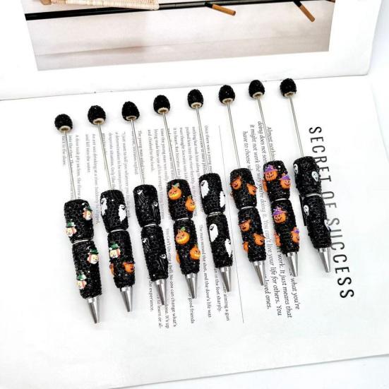 Rhinestone Writing Pen Beadable Pen, Glitter Plastic Beaded Halloween Pumpkin Ghost Skull Decorative Gel Ink for DIY Craft Making, School Office