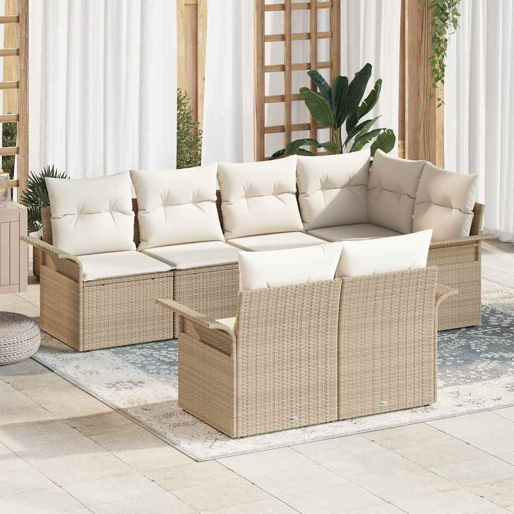 Garden Sofa Set with Cushions 7 Pcs Beige Poly Rattan
