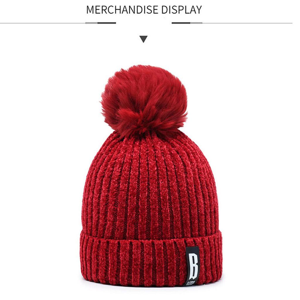 Knitted Bobble Hat Ladies Kids Beanie Warm Winter Pom-Pom Woolly Matching Cap