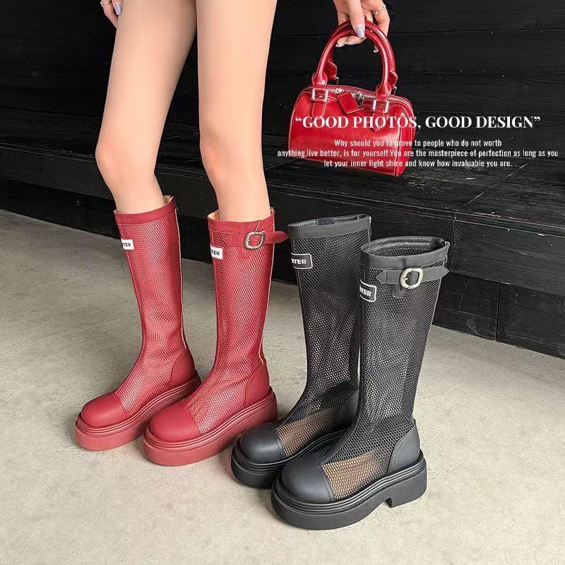 Womens 6CM Chunky Heel Mesh Boots Round Toe Breathable Cutout