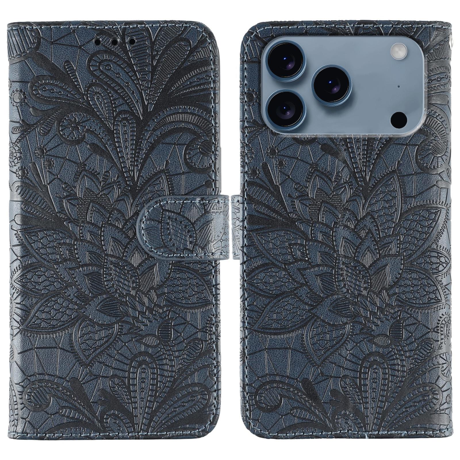 

For iPhone 17 Pro Max Case Lace Flowers PU Leather Flip Wallet Phone Cover Dark Blue