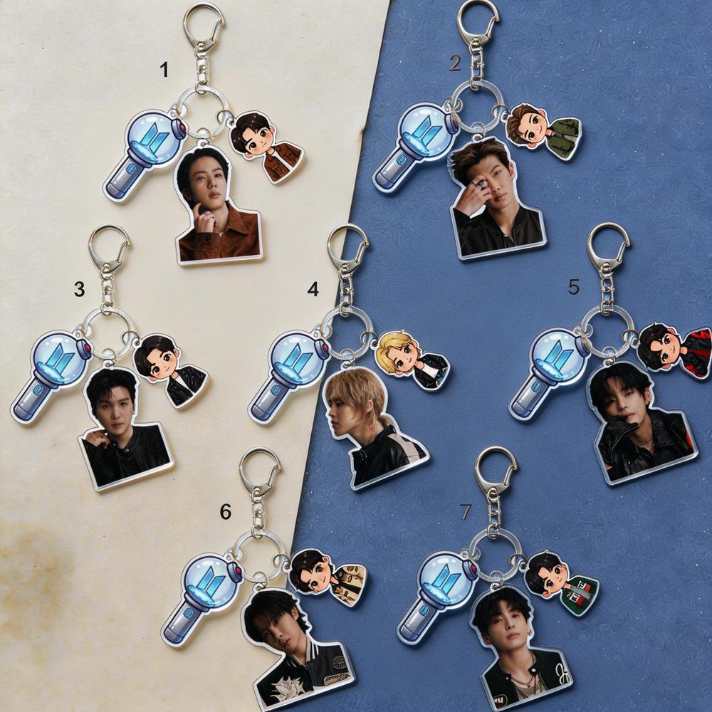 7pcs BTS Keychain, Featuring Real People, Cartoon Characters, and A Light Stick; Exclusive ARMY Merchandise, Bag Charm