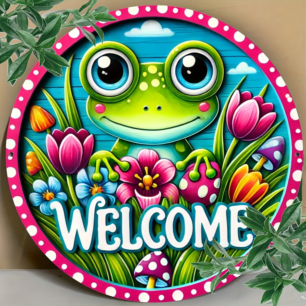 

1 шт. 2d плоский деревянный знак - 20 см круглый приветственный знак с милой лягушкой и цветочной гирляндой для декора входной двери, металлический венок знак для домашнего сада 20cm*20cm