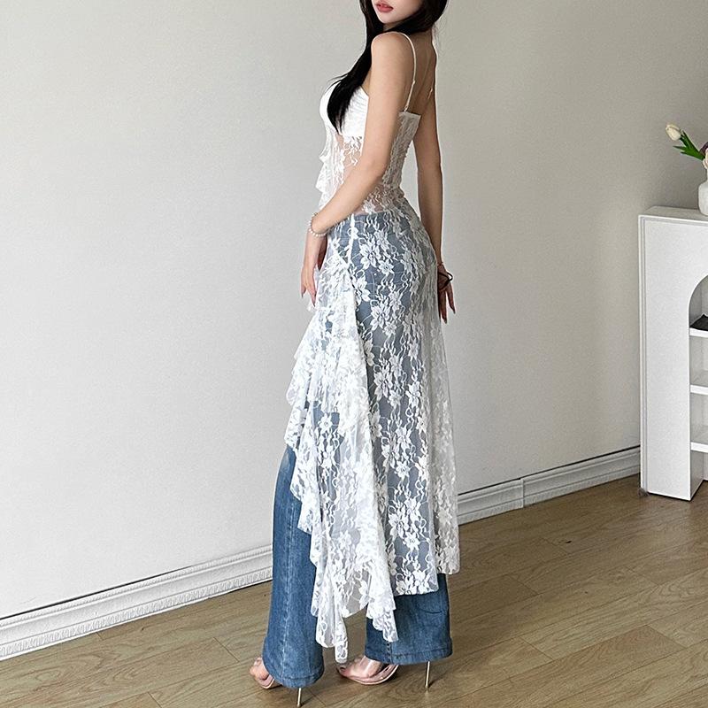 Dameblonder Uregelmessig Lang Kjole Camis Etui Sensuell Gjennomsiktig Kjole Mote Streetwear Utsparinger Volanger Kjoler