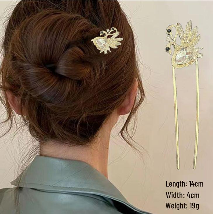 Épingle à cheveux vintage en forme de U avec pompon paon pour femmes - Épingle à chignon nacrée pour Cheongsam et Hanfu