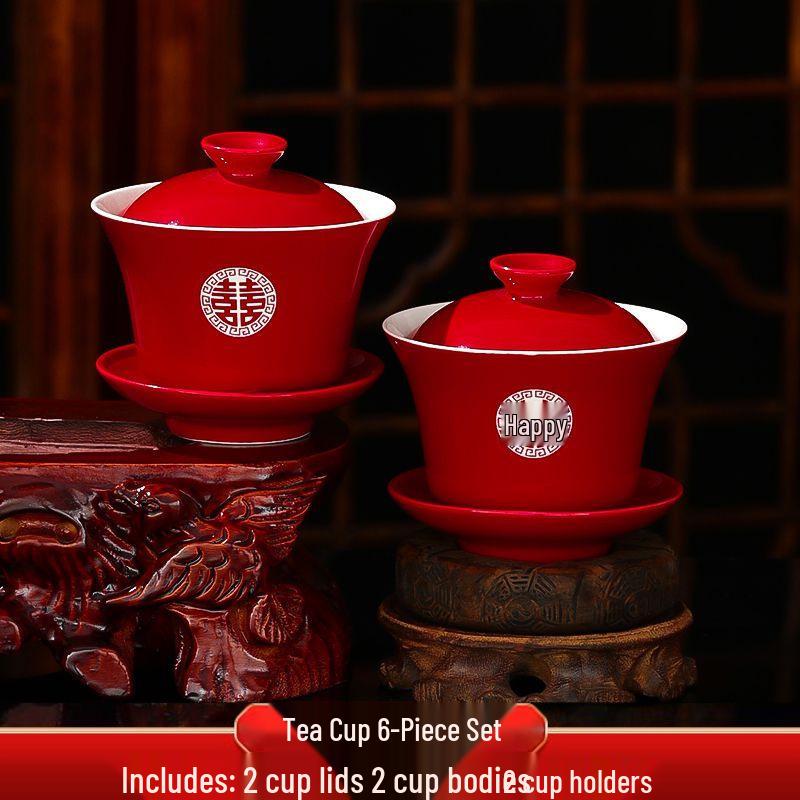 Festive Red Wedding Tea Set: Gaiwan, Chopsticks, Happy Bowl & Pair Bowls
