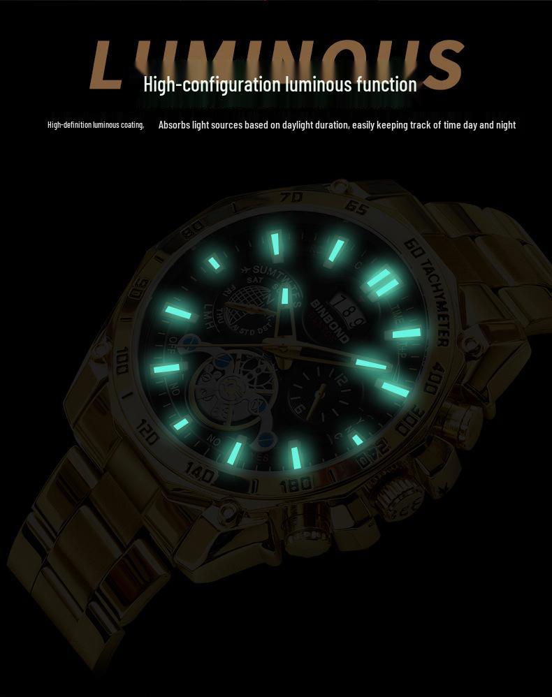 BINBOND Men's Luminous Trendy Tourbillon Watch with Steel Band, Three Dials & Six Hands