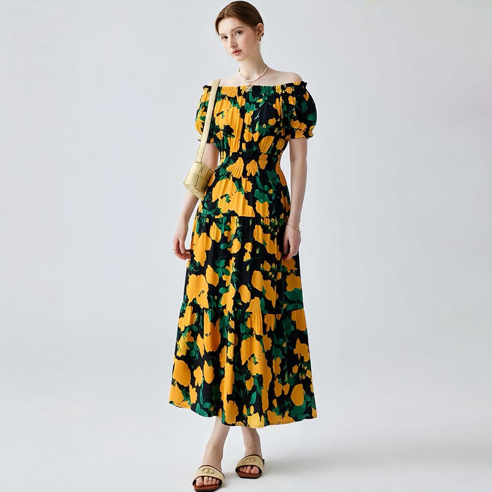 Bohemian Cotton-Silk Floral Printted Off-the-Shoulder French-Style Summer Dress for Women Ethnic-Style Elastic Waistband Pleayed Long Dress