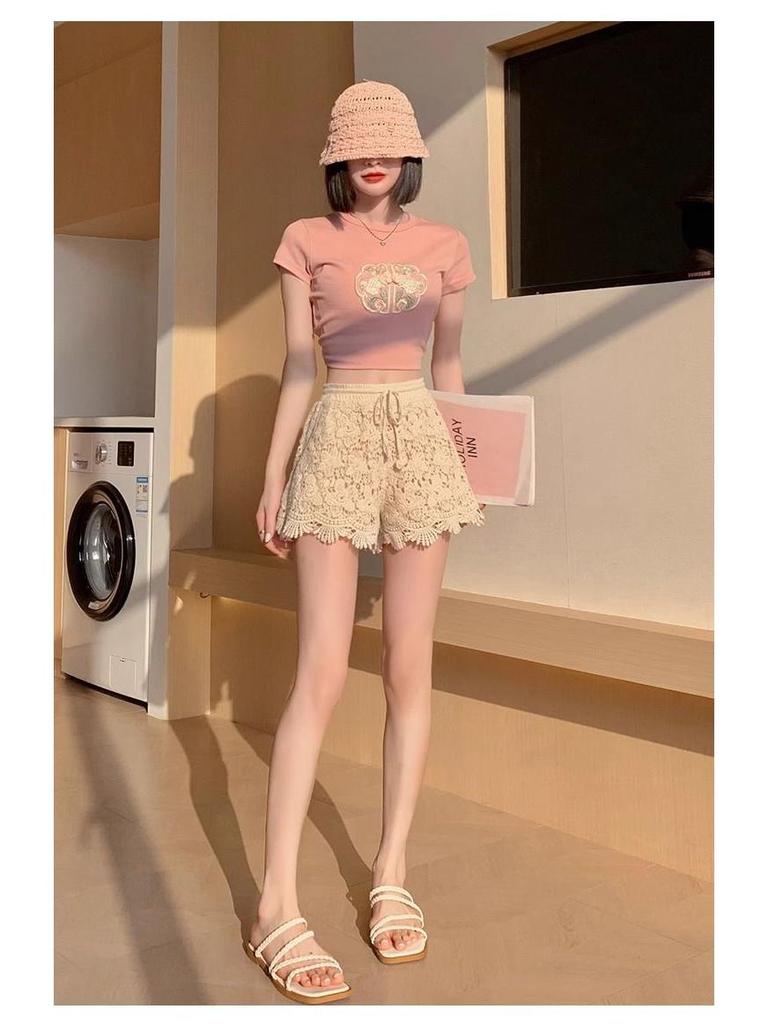 Women's Summer High-Waist Lace Sports Shorts - Casual, Loose, A-line, Wide-Leg, Three-Quarter Pants