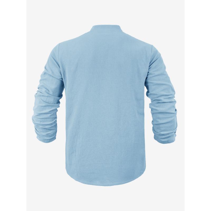 Men S Linen Blend Solid Color Long Sleeve Stand Collar Casual Shirt