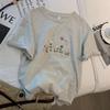 Women's Light Grey Button Flower Embroidery T-Shirt  Crew Neck Short Sleeve Casual Loose Top