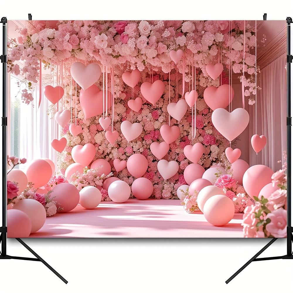 2D Flat Background 1 Piece of Pink Rose Wall Background Featuring Dense Blooming Roses and Heart-shaped Decorations