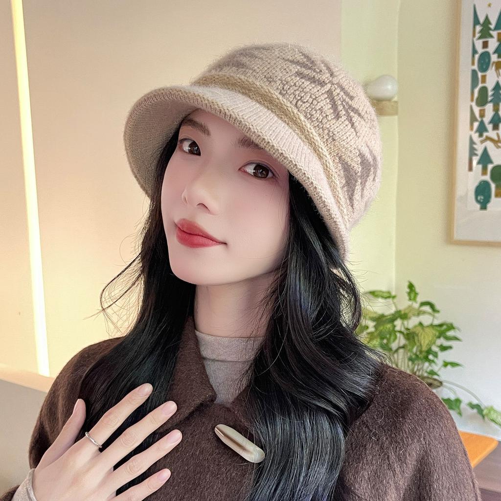 Elderly Women's Hat Autumn Winter Bucket Hat, Plush Lining Warm Thickened Knitted Cotton Beanie