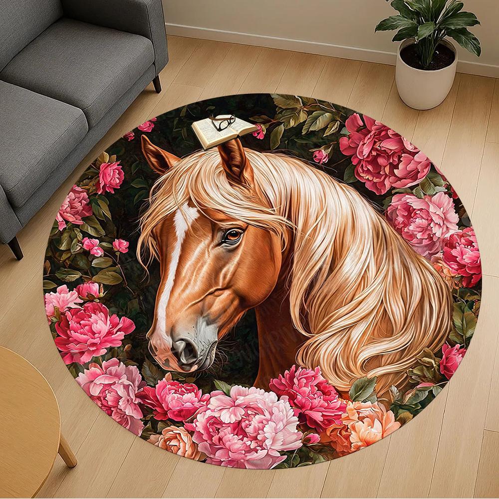 1 Stück Pferd Blumen Büro Runder Teppich, Unter Bürostühlen Schlafzimmer Wohnzimmer Heimdekoration, Teppich für Büro -1110119