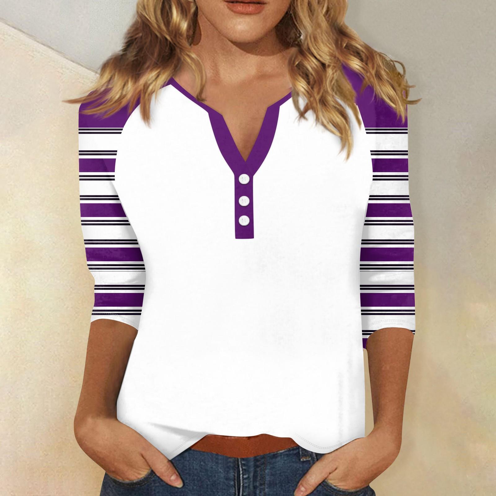 

Женский модный однотонный полосатый топ с v-образным вырезом и рукавами реглан на пуговицах и рукавами 3/4 L фиолетовый
