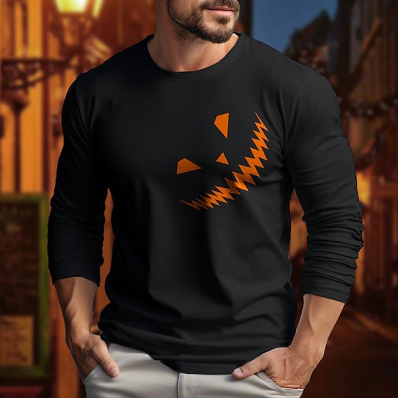Men's Casual Autumn Breathable Long Sleeve Crewneck Printed Evil Smiley Face Pattern Clothing Y2K Top Men's Long Sleeve