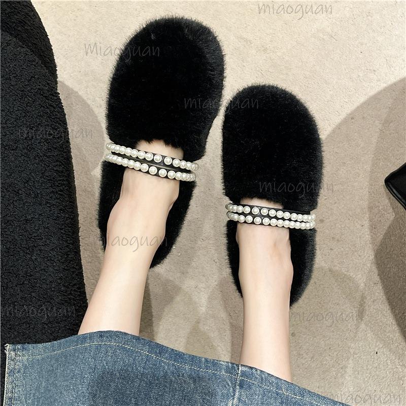 Runde Spitze Damen Mode Fell Ballerinas Flach zum Hineinschlüpfen Damen Bequem Warm Plüsch Loafer Doppelte Perlenriemen Lässig Mokassin