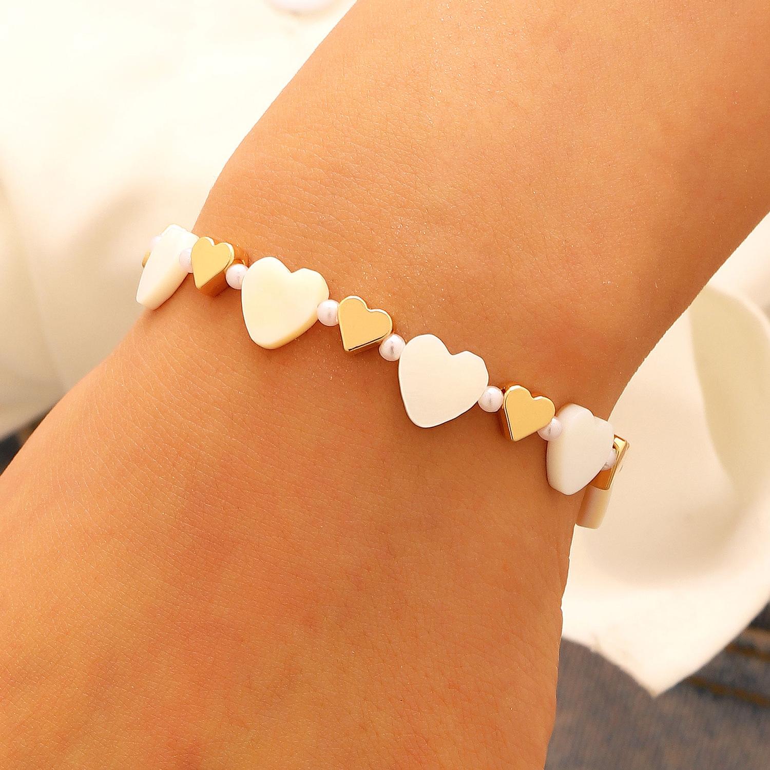 Cute Mother of Pearl Heart Beaded Choker Necklace Bracelet Set for Women Gold Color Daily Casual Sweet Chic Jewelry Sets Gifts