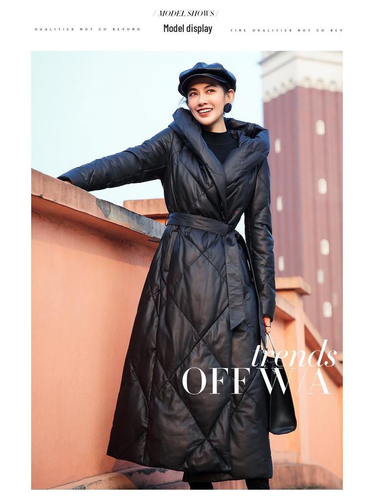 European & American 2025 Winter Sheepskin Leather Down Jacket: Women's Extra Long Thick Hooded Coat