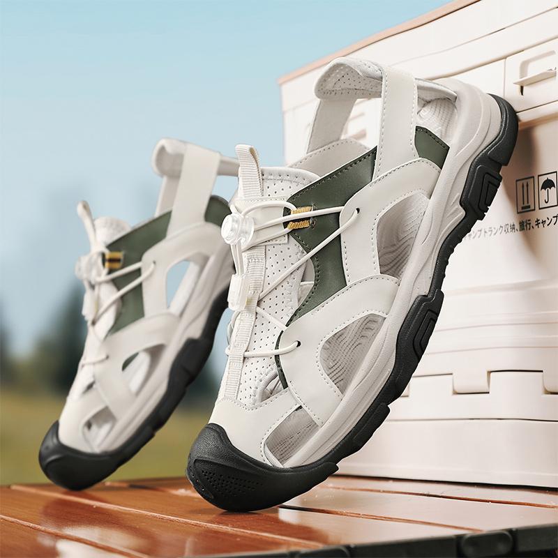 Fashion Anti-collision Toe Summer Shoes Casual Leather Men Sandals Hollow Out Casual Shoes Outdoor Man Beach Shoes All-match Roman Flats