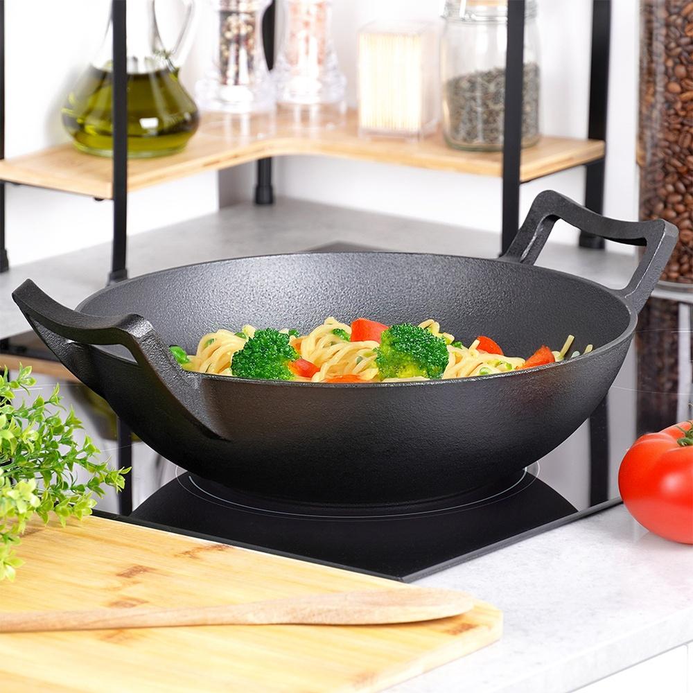 Wok in Ghisa Padella Profonda per Friggere e Stufare Piatti Asiatici 32 Cm