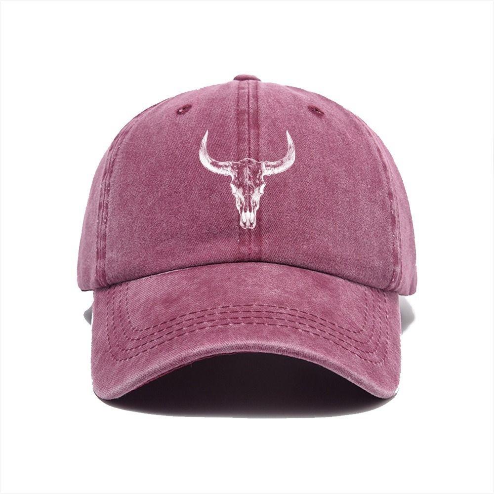 Washed Cotton Bull Skull Print Baseball Cap Hip Hop Adjustable Peaked Cap Distressed Sunscreen Dad Hat For Man Women Unisex