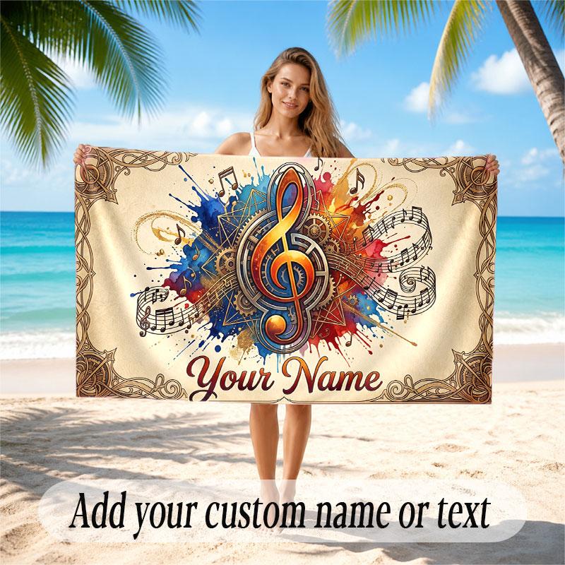 Music General Theme Beach Towel Personalized Custom Name & Text Soft Quick Dry Beach Towel for Swimming Travel