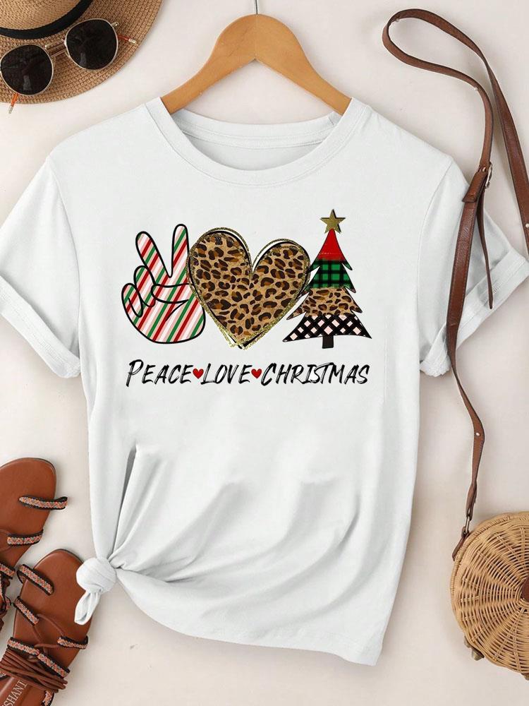 (Asian Size)  Merry Christmas Tee Top Festival New Year Holiday Casual Lovely Letter Cute 90s Women Print Lady Short Sleeve Fashion Graphic T-shirts