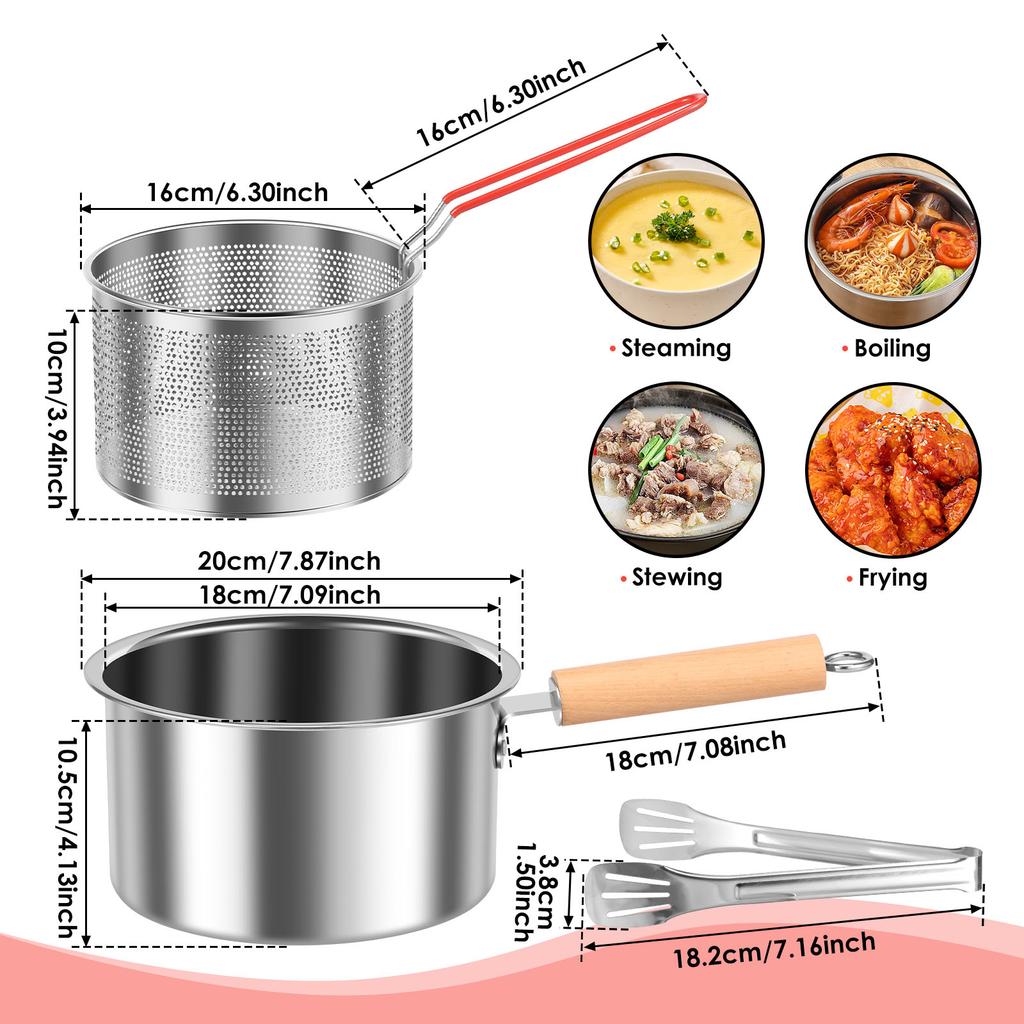 Deep Fryer Pot Stainless Steel Deep Fryer with Basket and Handle Portable Fry Pot with Lid Oil Saving Deep Fat Fryer Cooking