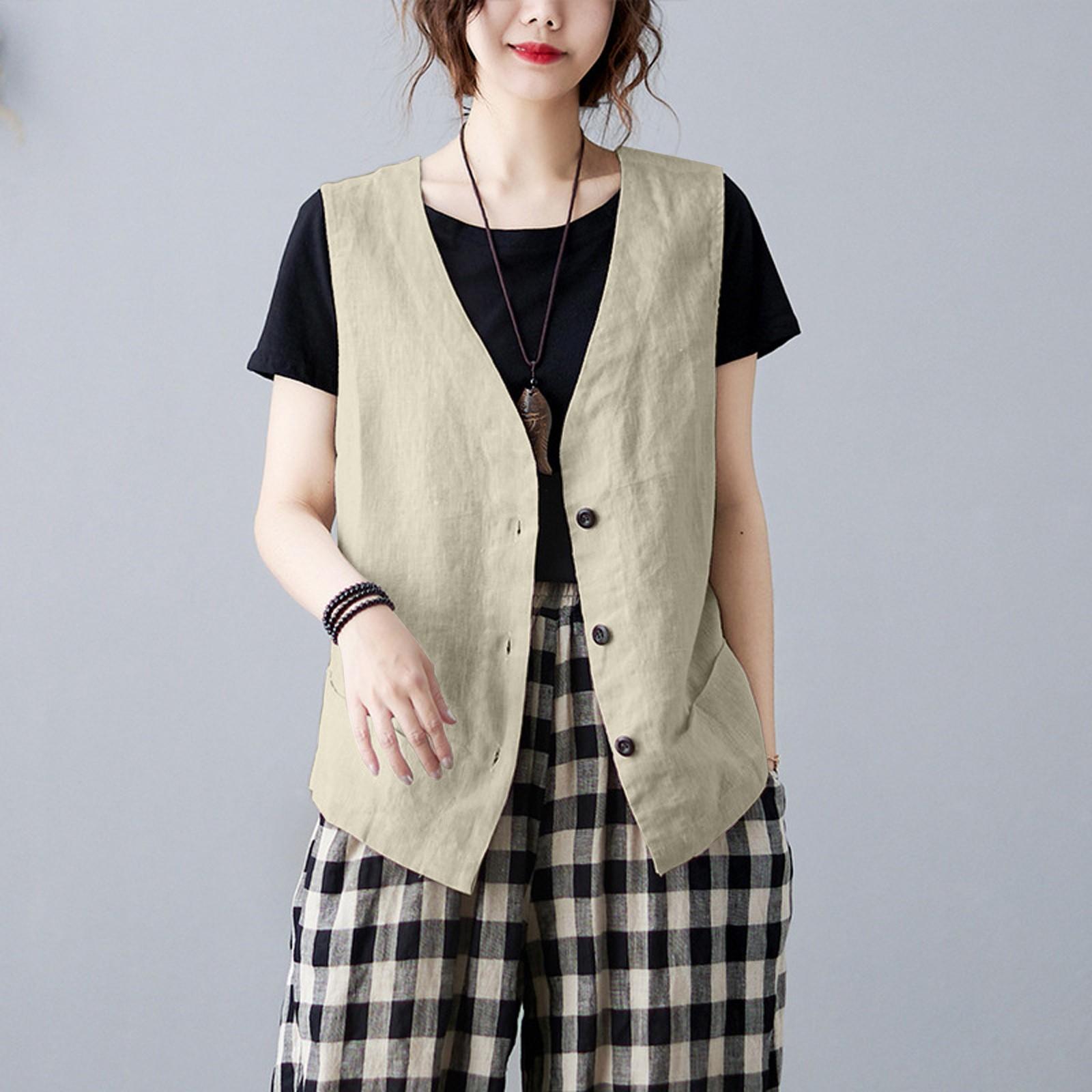 

Ретро льняной жилет для женщин, свободный и универсальный повседневный тонкий жилет без рукавов, однотонный жилет, короткая куртка из хлопка и льна XXL хаки