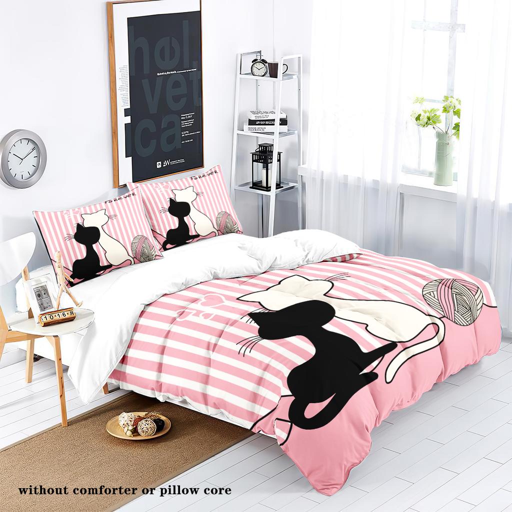 3-piece Down Duvet Cover with Couple Cat Pattern Print (1 Down Duvet Cover+2 Pillowcases, No Core) Soft Bedding Set