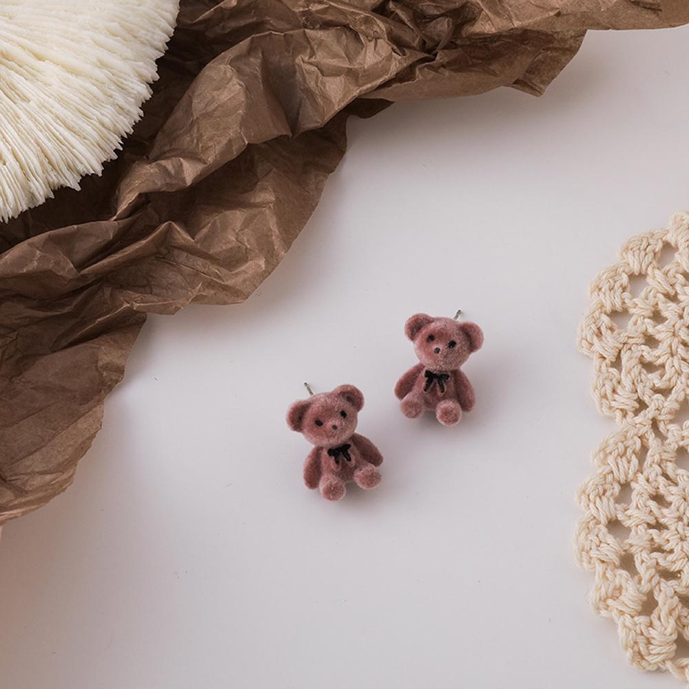 

Fashion Jewelry Girls Women Cut Ear Jewelry Bear Stud Earrings Bow Flocking