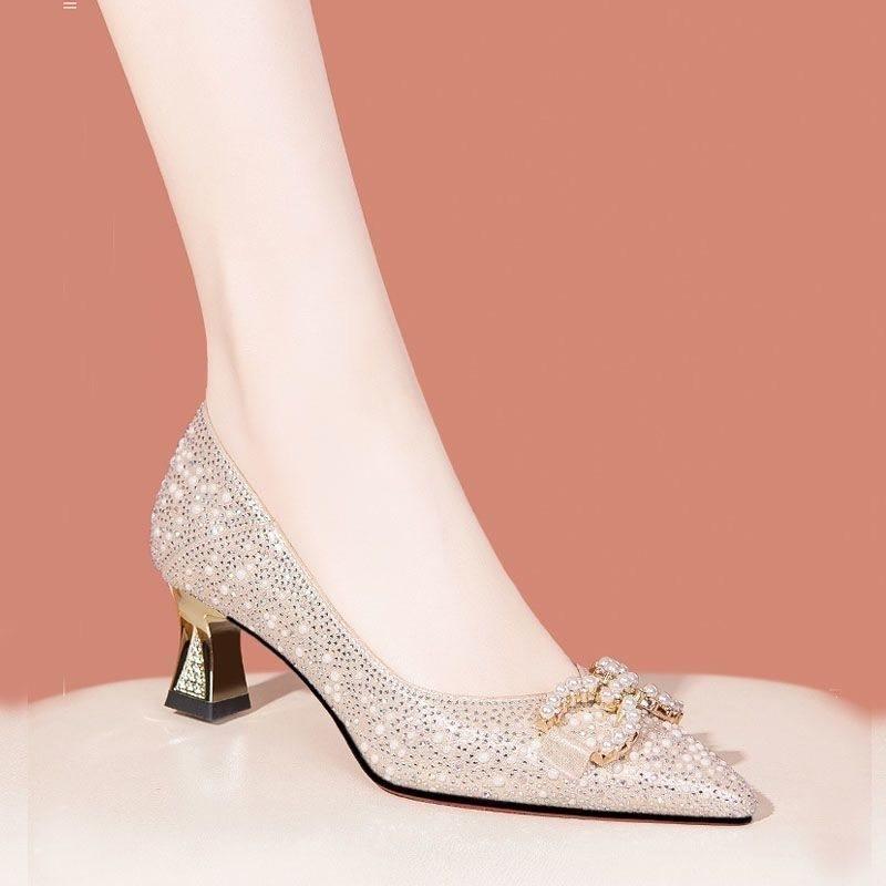 Specht Strass spitz High Heel Pumps Damen Neu Mittelhoher Absatz Temperament Dicker Absatz Schuhe Flacher Mund Damenschuhe
