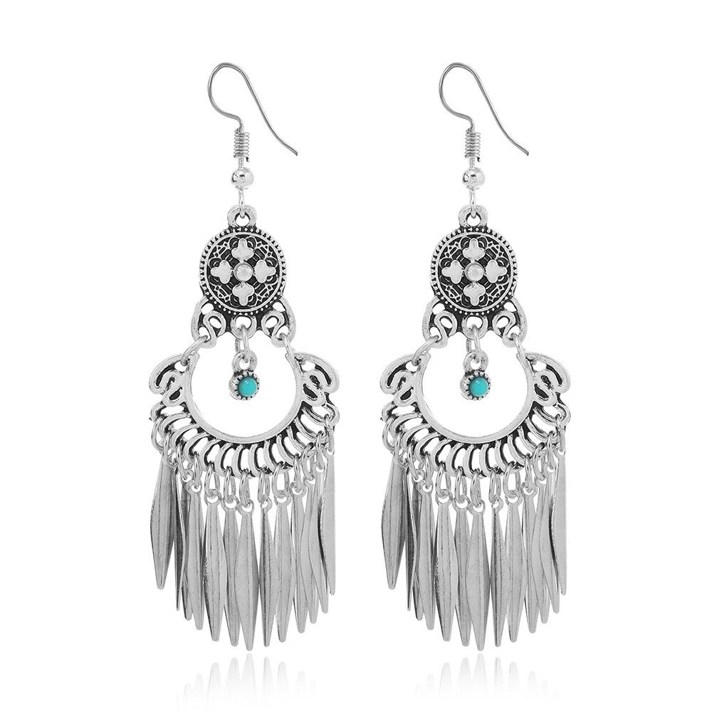 Vintage Ethnic Jewelry Bohemian Antique Silver Color Alloy Imitation Turquoise Tassel Earrings For Women's Party Accessories