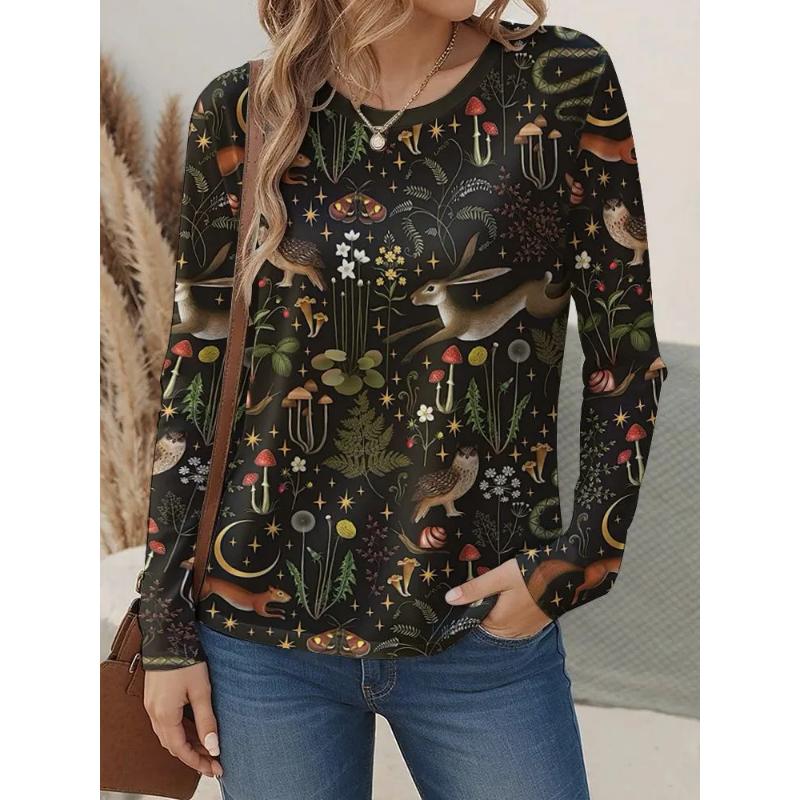 Fashion Women's Crew Neck Long Sleeve 3D Floral Color Printing Floral Long Sleeve Crew Neck T-Shirt