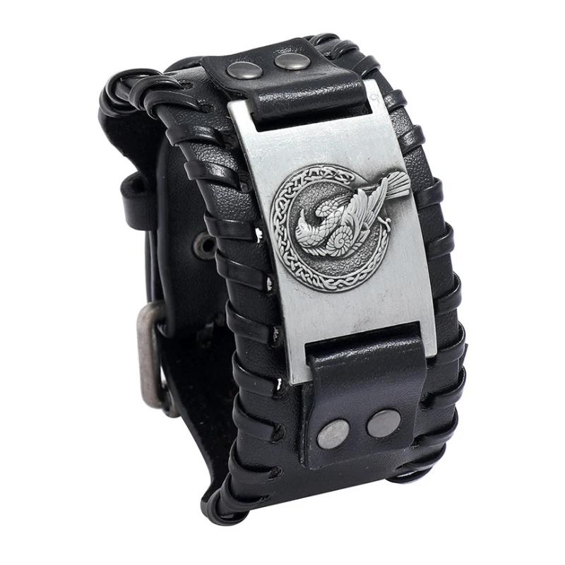 Trendy Wide Leather Woven Viking Rune Bracelet for Men Hip Hop Punk Jewelry Accessory Nordic Crow Charm Fashion