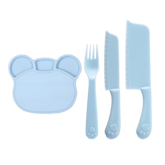 

Complementary Food Cutting Board with Cartoon Shape Safe Rounded Cutters Forks Cutting Tray for Baby Early Education синий