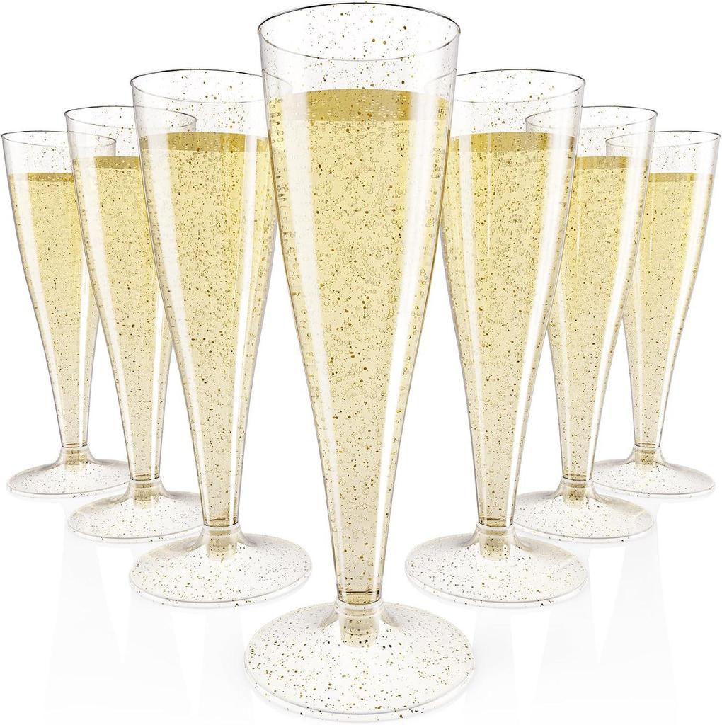 4.5 Oz Gold Glitter Disposable Champagne Flute - High-Stem Plastic Red Wine or Cocktail Glass