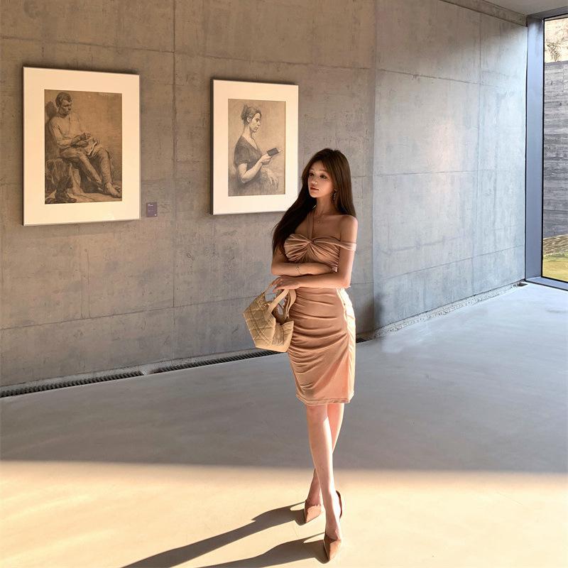 Dinner Dress Birthday Party Small Dress Pleated Hip Wrap Temperament Celebrity Neck Shoulder Dress