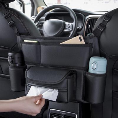 One Durable Pu Leather Car Seat Storage Bag With Cup Holder, Side Pockets And Front Storage Compartment.